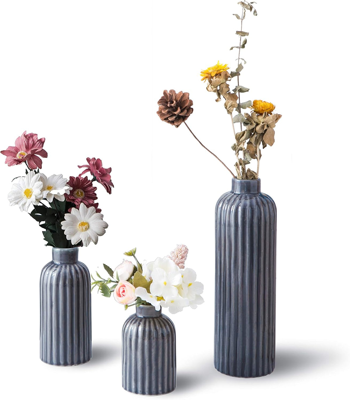 3er Set Blau Glasierte Keramikvasen für Hochzeit und Wohndeko